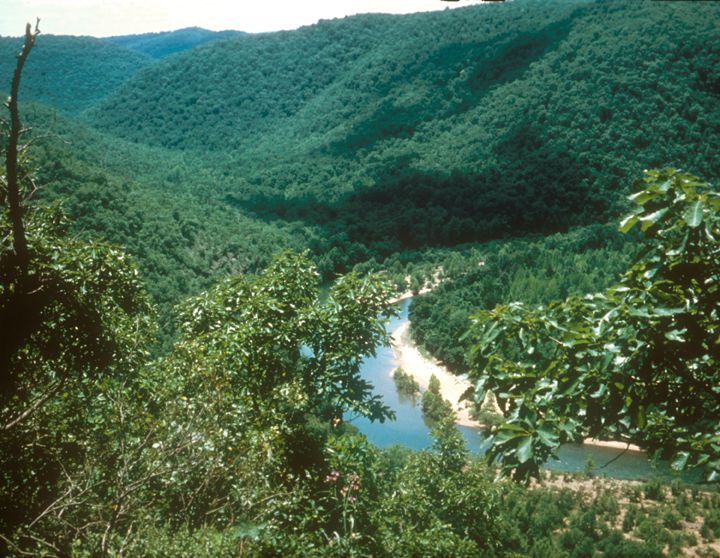A river winds through a forested valley.